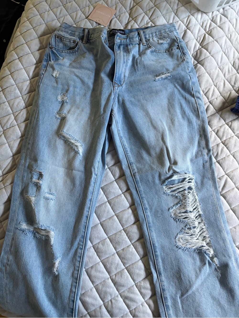 Kittenish Light Blue Distressed Straight Leg Jeans